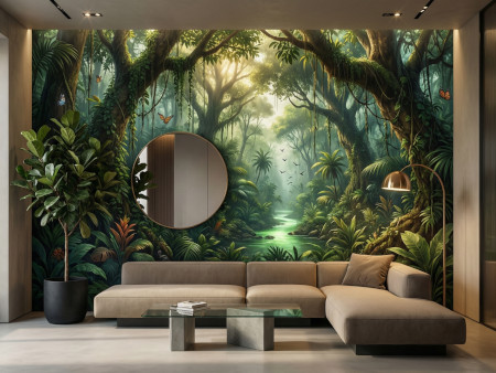 Salon moderne décoré avec papier peint panoramique jungle tendance 2026