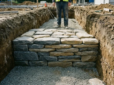 Fondations d'un muret en pierre sèche