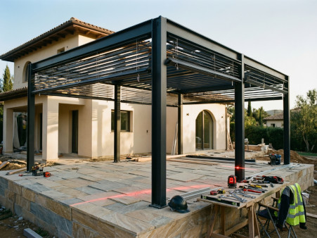 chantier résidentiel avec une pergola bioclimatique