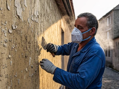 Artisan maçon grattant mur façade préparation enduit Var